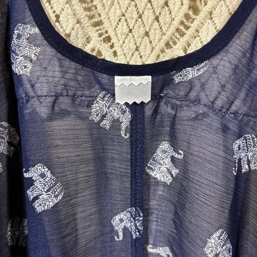 Navy Sheer Boho Elephant Print Crochet Sleeveless Cover-Up Size L